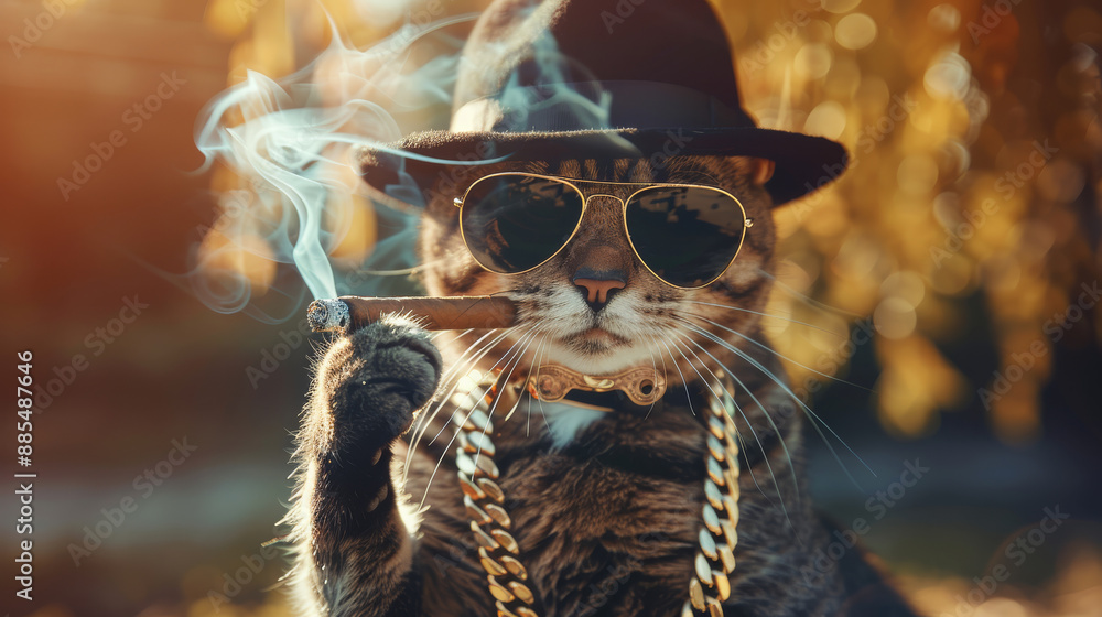 A stylish cat wearing sunglasses, a hat, and a chain smokes a cigar, blending coolness with humor in this quirky portrait. A stylish cat wearing sunglasses, a hat, and a chain smokes a cigar, blending coolness with humor in this quirky portrait.