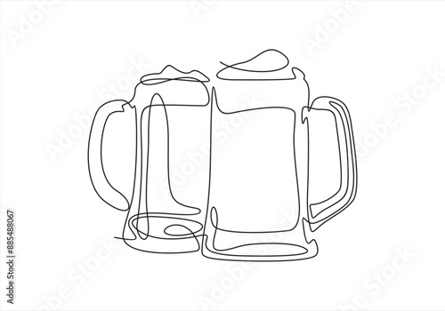 Two glasses of beer one line continuous. Line art glasses of beer. Hand drawn vector art.