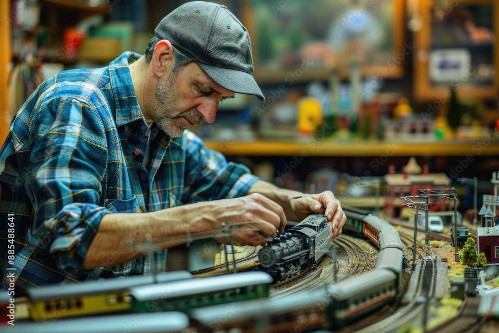 Man Building Model Train Set at Home Man Building Model Train Set at Home