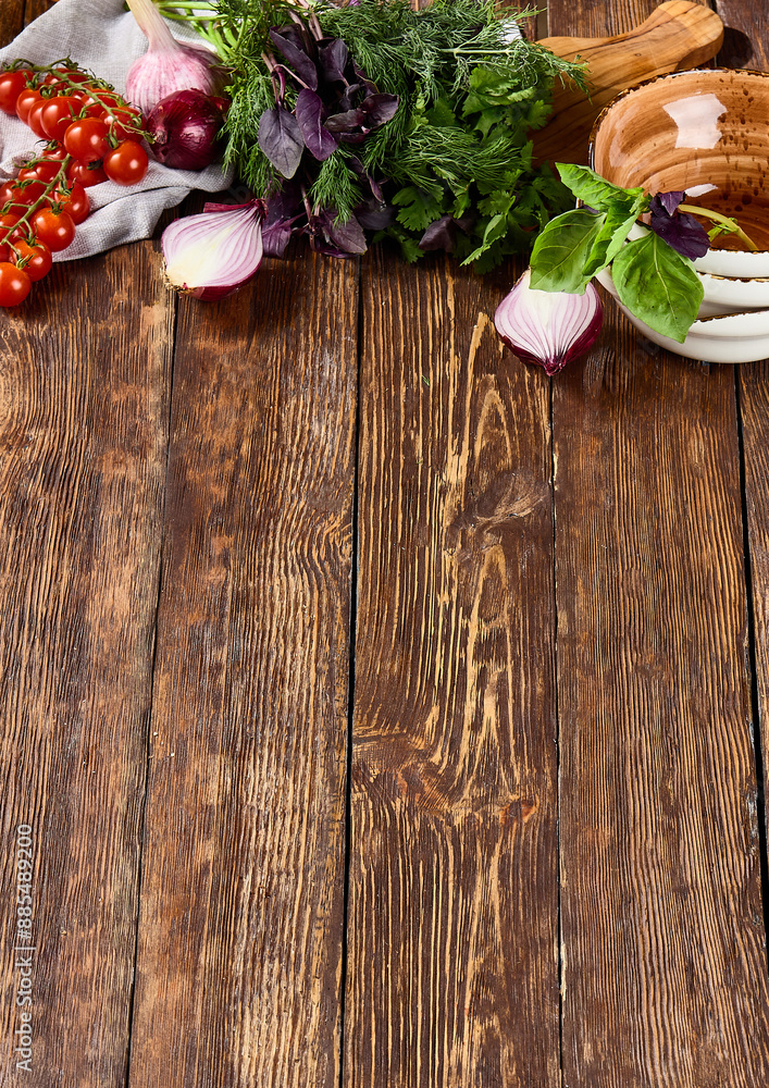 Fresh Vegetables and Herbs on Rustic Wooden Table for Culinary Prep, Cooking, or Recipes with Copy Space Fresh Vegetables and Herbs on Rustic Wooden Table for Culinary Prep, Cooking, or Recipes with Copy Space