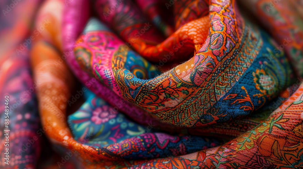 This vibrant scarf stands out in the bustling market, showcasing a lively array of colors and patterns. Surrounded by a lively marketplace, the scarf adds a pop of brightness and charm. 