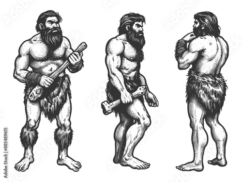 three cavemen holding clubs, various poses, showcasing primitive lifestyle sketch engraving generative ai fictional character vector illustration. Scratch board imitation. Black and white image.