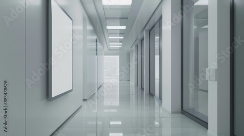 Wallpaper Mural A pristine, gleaming modern office hallway with reflective floors, sleek glass walls, and bright lighting, evoking a sense of professionalism and cleanliness. Torontodigital.ca