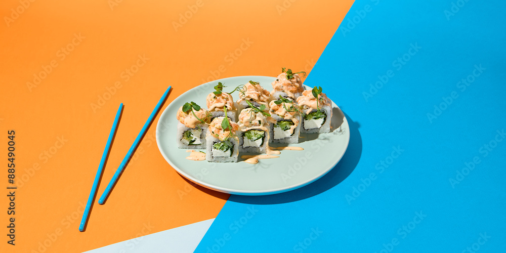 Fresh Salmon Tartare and Cucumber Rolls on Vibrant Background With Chopsticks Fresh Salmon Tartare and Cucumber Rolls on Vibrant Background With Chopsticks