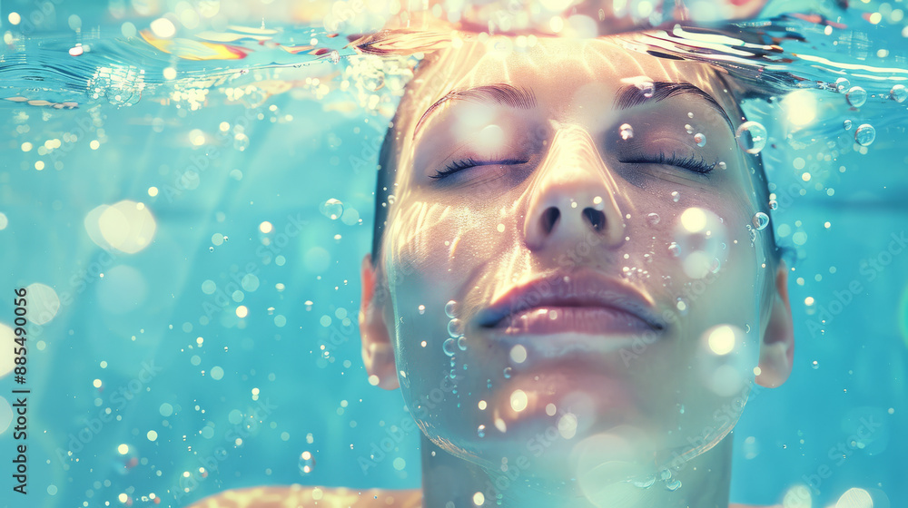 A person is submerged in water with eyes closed, bathed in sparkles of light, evoking a sense of peace, serenity, and connection with nature. A person is submerged in water with eyes closed, bathed in sparkles of light, evoking a sense of peace, serenity, and connection with nature.