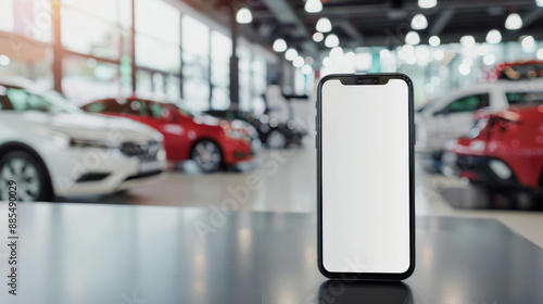 Wallpaper Mural A sleek smartphone with a blank screen displayed prominently in a modern car showroom. Torontodigital.ca