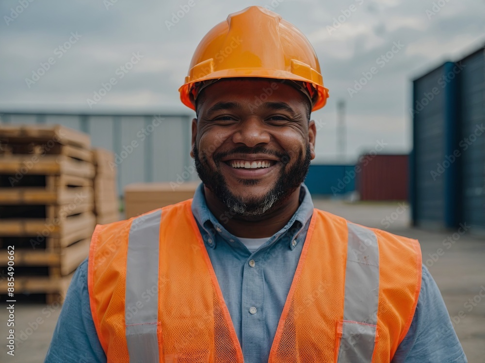 A man in a safety vest is smiling in front of a warehouse He is wearing a hard hat and he is happy. A man in a safety vest is smiling in front of a warehouse He is wearing a hard hat and he is happy.