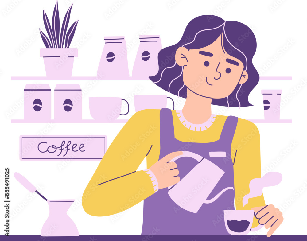 Female Barista working in the coffee shop making a cup off coffee standing behind counter Illustration Female Barista working in the coffee shop making a cup off coffee standing behind counter Illustration