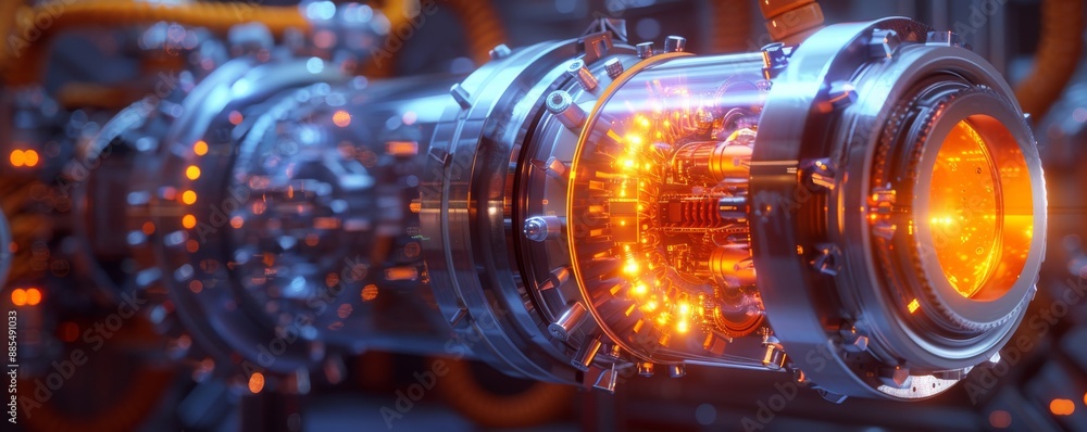 Abstract futuristic device with glass elements and glowing orange and blue lights, blurred city background Abstract futuristic device with glass elements and glowing orange and blue lights, blurred city background