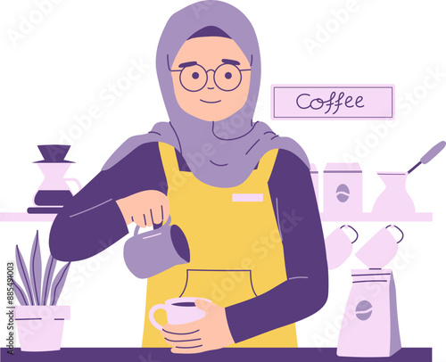 Female Hijab Barista working in the coffee shop making a cup off coffee standing behind counter Illustration