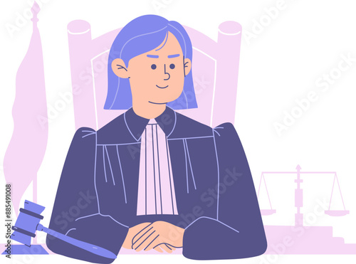 Female judge character with gavel hammer in court concept Illustration
