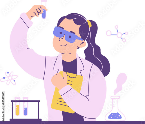 Female scientist in Laboratory wearing white coat holding tube illustration