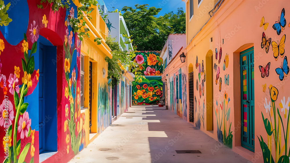 Fototapeta premium A vibrant alleyway where street art brings life to every wall. | Street Art Alleyway: Vibrant and Lively Graffiti-Filled Passage | Hispanic Heritage Month