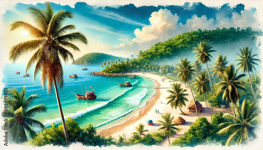 Fototapeta premium Wide watercolor painting of Phu Quoc Island with white sandy beaches, turquoise waters, and palm trees.