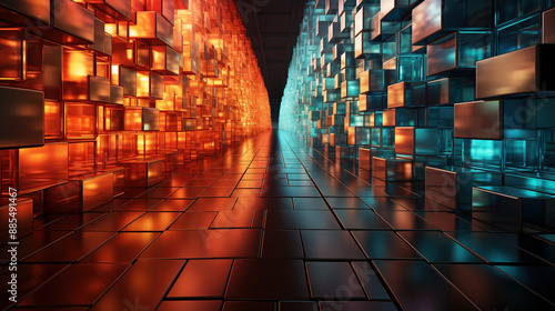 Bifurcated Path with Orange and Blue Blocks. A high-resolution digital artwork depicting a bifurcated path lined with orange and blue blocks, creating a striking visual contrast.