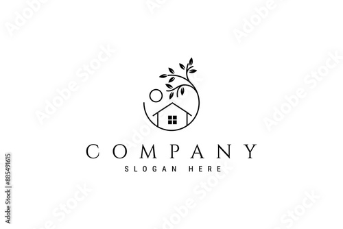 eco house building logo with natural tree illuminated by sun in line art template vector design style