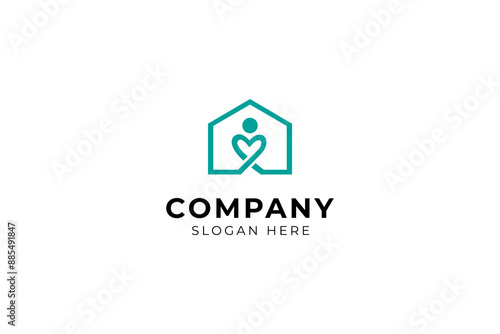 healthy love people care logo with house building shape in flat vector design style
