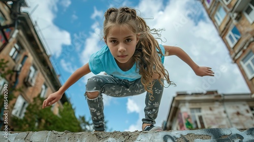 Young Girl Climbing Wall in Urban Environment