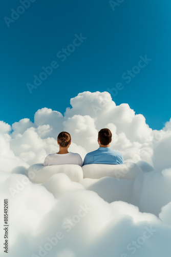 Artists resting on cloud beds in imaginative settings background with empty space for text 