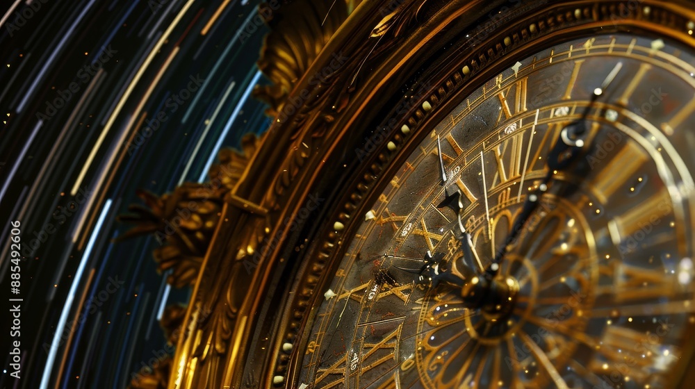 Obraz premium Timeless Harmony Antique Clock Face with Celestial Star Trails Capturing the Synchronicity of Time