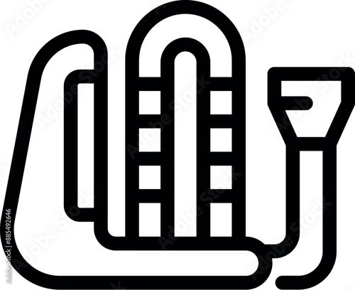 Simple bold black and white icon of a waterslide with stairs and a flashlight, representing summer fun and outdoor activities