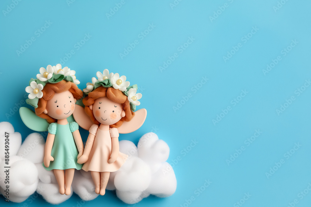 Fairies resting on cloud beds in enchanted skies background with empty space for text Fairies resting on cloud beds in enchanted skies background with empty space for text