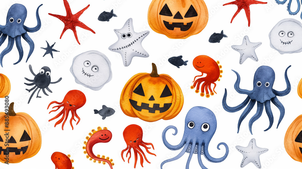 Jack O Lantern and Octopus seamless pattern flat illustration Watercolor Jack O Lantern and Octopus seamless pattern flat illustration Watercolor