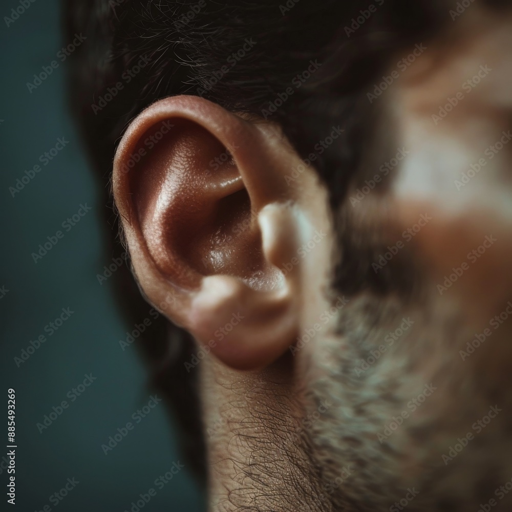 Human ear closeup, male ear macro photo, detailed human auricle anatomy, auditory organ, wiretapping Human ear closeup, male ear macro photo, detailed human auricle anatomy, auditory organ, wiretapping