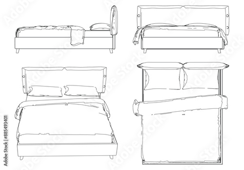 Vector Line Art of Bed. Interior Design and Bedroom Decoration Concepts with Front, Side, and Top Views