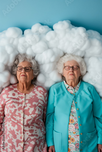 Senior folks blissfully snoozing on soft clouds in a fantastical realm 