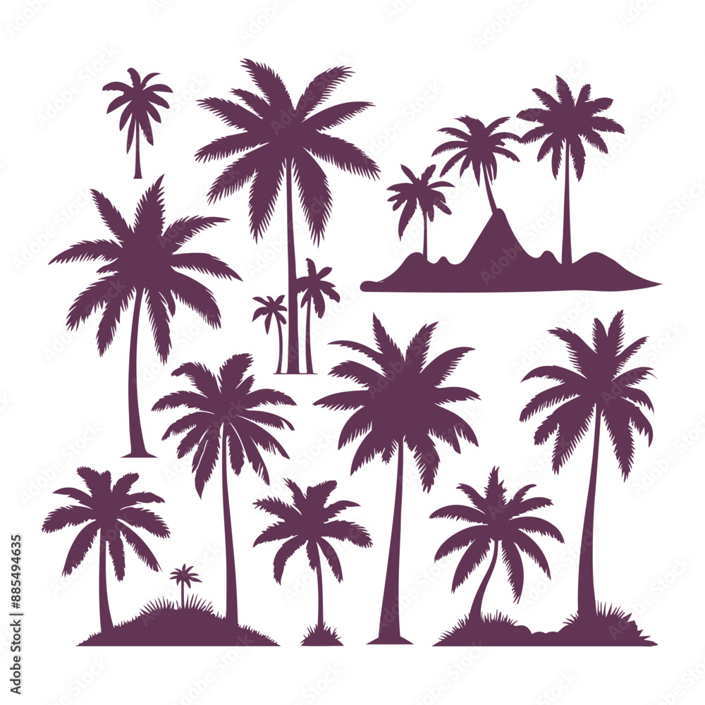 Fototapeta premium Palm Tree vector Palm tree silhouette Coconut tree vector silhouette symbols vector isolated on White background, Design of palm trees for posters, banners and promotional items. Vector illustration