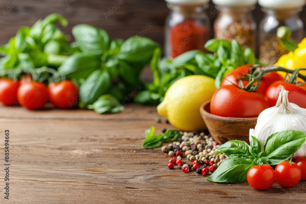 Fresh ingredients sitting on rustic kitchen table Fresh ingredients sitting on rustic kitchen table