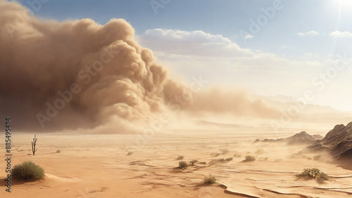 The sandstorm engulfs the landscape, creating a surreal and ever-changing scene.