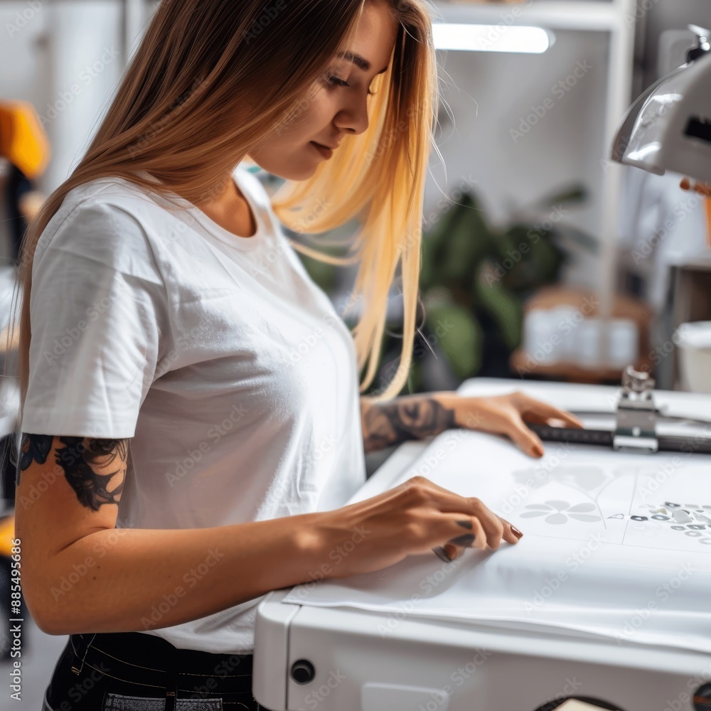 Printing logo, woman in t-shirt using heat press Printing logo, woman in t-shirt using heat press