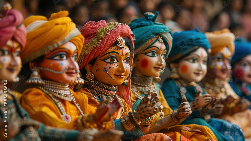 The intricate details of a traditional Indian puppet show, with colorful puppets, skilled puppeteers, and the cultural stories being told through this ancient art form The intricate details of a traditional Indian puppet show, with colorful puppets, skilled puppeteers, and the cultural stories being told through this ancient art form