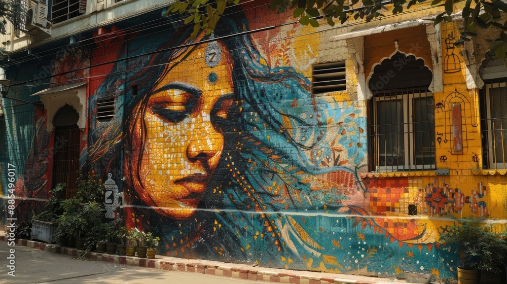 Naklejka premium The vibrant street art of India, with murals depicting cultural themes, local heroes, and contemporary issues, adding color and life to urban spaces