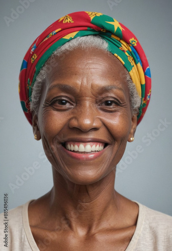 Portrait view of a regular happy smiling S?o Tom? and Pr?ncipe old woman, ultra realistic, candid, social media, avatar image, plain solid background photo