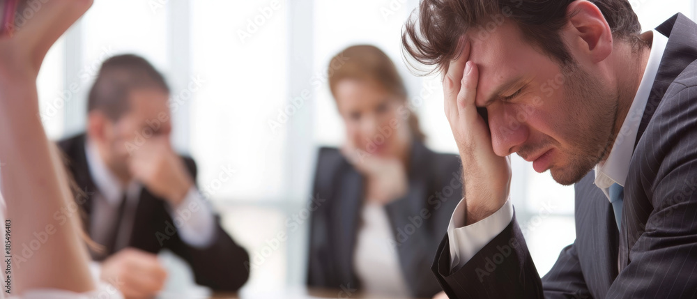 A group of businesspeople in a meeting room, with one person in the foreground expressing stress or frustration, creating a tense atmosphere. A group of businesspeople in a meeting room, with one person in the foreground expressing stress or frustration, creating a tense atmosphere.