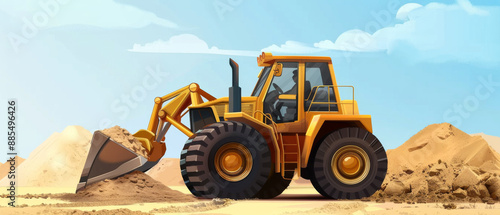 An animated scene of a large yellow bulldozer working on a construction site, moving heaps of sand under a clear blue sky.