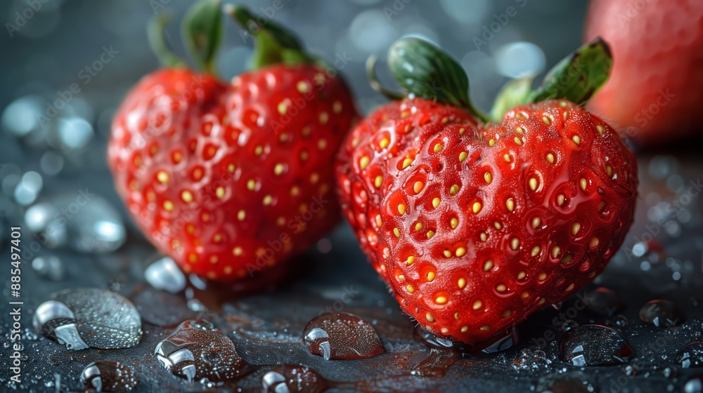 Close-up of a heart-shaped strawberry on a dark background, surrounded by water droplets, symbolizing love and freshness Close-up of a heart-shaped strawberry on a dark background, surrounded by water droplets, symbolizing love and freshness