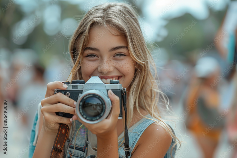 A joyful woman holding a camera smiles brightly at an outdoor event, embodying enthusiasm and creativity a she captures moments through photography. A joyful woman holding a camera smiles brightly at an outdoor event, embodying enthusiasm and creativity a she captures moments through photography.