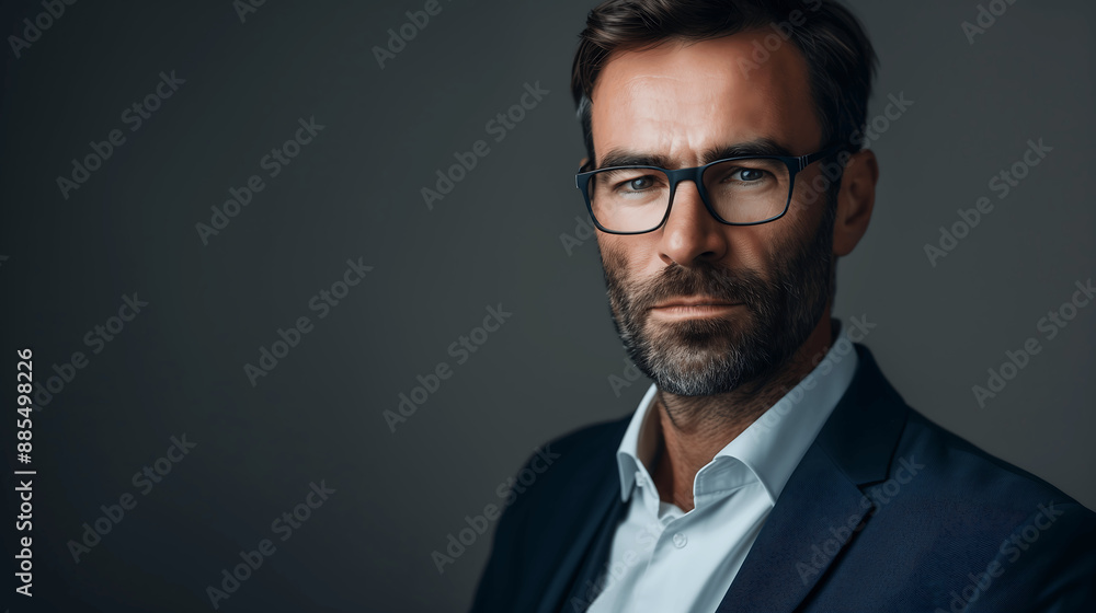 Serious Businessman with Glasses in Formal Attire and Confident Pose Serious Businessman with Glasses in Formal Attire and Confident Pose