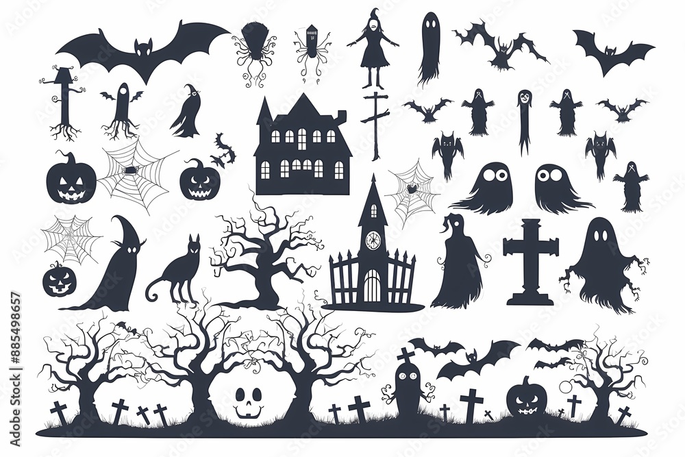 Spooky Halloween silhouettes featuring ghosts, bats, haunted houses, pumpkins, and eerie trees. Spooky Halloween silhouettes featuring ghosts, bats, haunted houses, pumpkins, and eerie trees.