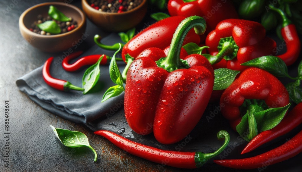 A close-up shot of red bell peppers and chili peppers with green basil leaves on a dark textured surface. The peppers are wet from water droplets, making them appear shiny and glossy. A close-up shot of red bell peppers and chili peppers with green basil leaves on a dark textured surface. The peppers are wet from water droplets, making them appear shiny and glossy.