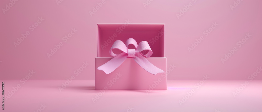 A neat pink gift box, open to reveal an inviting ribbon bow, set against a pastel pink backdrop, exudes a sense of elegance and surprise. A neat pink gift box, open to reveal an inviting ribbon bow, set against a pastel pink backdrop, exudes a sense of elegance and surprise.
