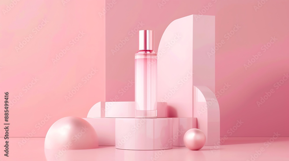 Minimalist pink themed product display with perfume bottle, geometric shapes, and pastel colors, perfect for beauty and cosmetic branding. Minimalist pink themed product display with perfume bottle, geometric shapes, and pastel colors, perfect for beauty and cosmetic branding.