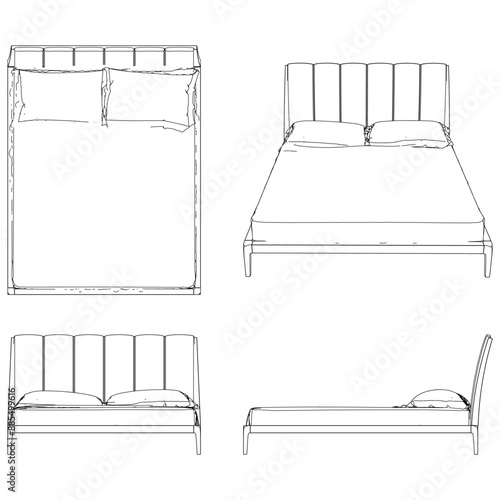 Vector Line Art of Bed. Interior Design and Bedroom Decoration Concepts with Front, Side, and Top Views