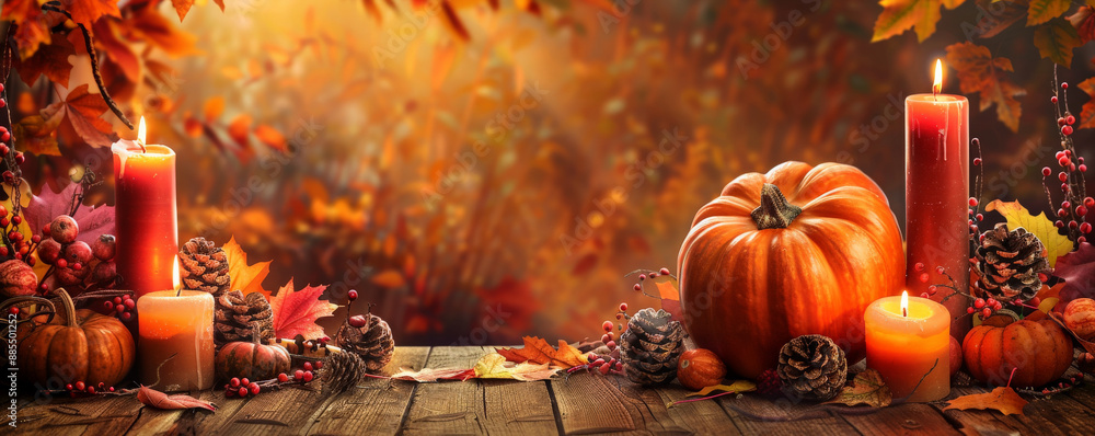 A festive arrangement with a pumpkin, candles, and fall foliage. The bottom half of the poster is empty, ideal for adding event details or messages. A festive arrangement with a pumpkin, candles, and fall foliage. The bottom half of the poster is empty, ideal for adding event details or messages.