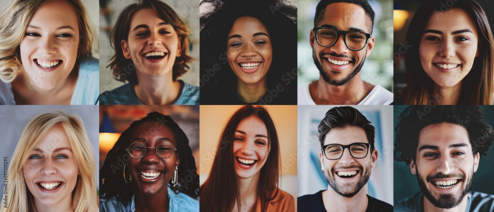 A collage of ten joyful individuals, each beaming with a genuine smile, capturing the essence of happiness and the beauty of diverse, positive human expressions. A collage of ten joyful individuals, each beaming with a genuine smile, capturing the essence of happiness and the beauty of diverse, positive human expressions.