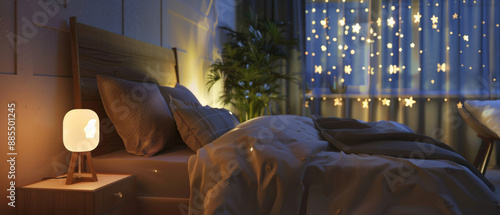 A cozy nighttime bedroom scene with warm lighting, soft sheets, twinkling star lights on the window, and comforting ambiance.